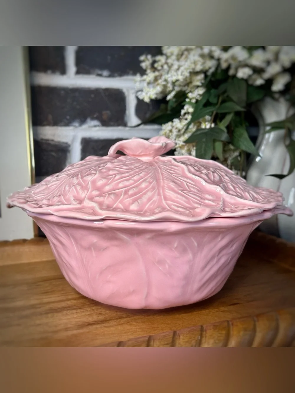 Vintage Pink Cabbage Leaf Casserole Dish with Gold Stand | MCM Miramar Californi